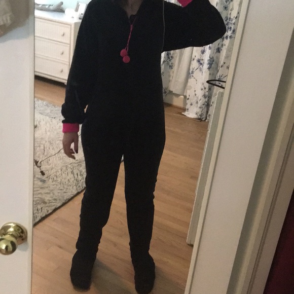 New nwot Hoodie Cat Onesie footed black pink - Picture 7 of 14